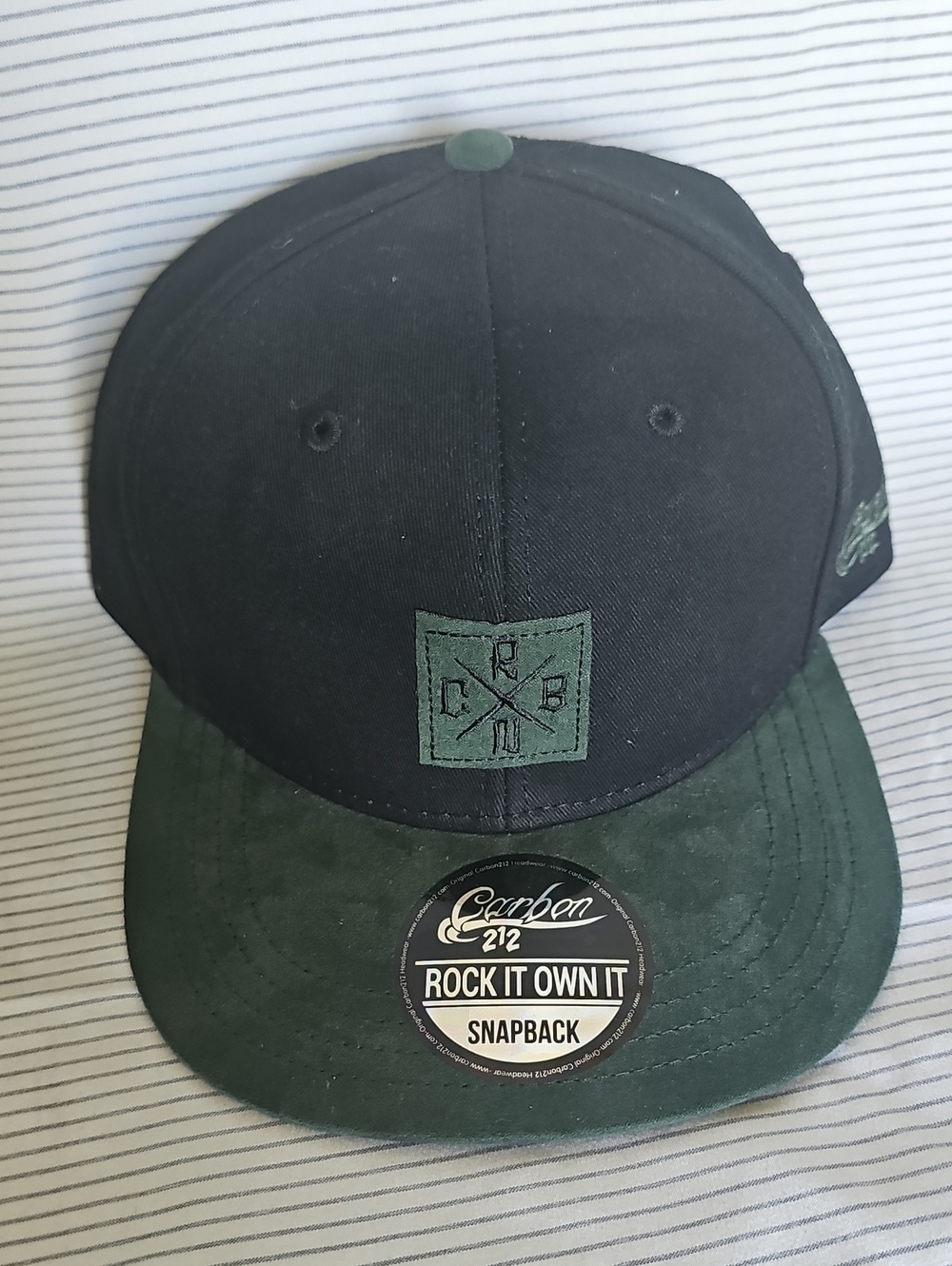 Carbon Black and Dark Green Snapback Hat with Embroidered Logo